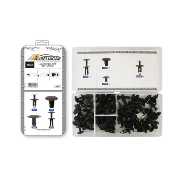 Coffret de 65 assortiments d'agrafes de garnissage et Rivets plastiques d' aile avant, pare-chocs avant/arrière et sous caisse pour ALFA ROMEO, FIAT, JEEP, LANCIA, Neuf