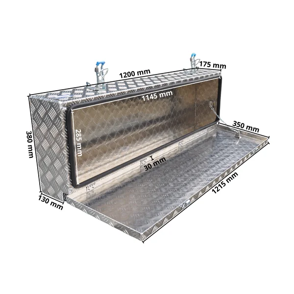 DE HAAN BOX HE - 1200x380x190 mm - boîte à timon en tôle d'aluminium à damier, étanche à l'eau et à la poussière - équipée de grenouillères remorques