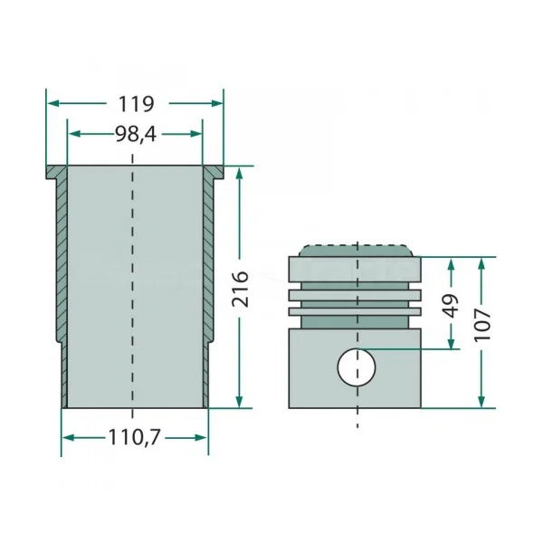 Kit cylindrée complet - Ø98,43 mm - McCormick et IHC - 523, 553, 633, 724, 743, 744, 745, 833, 955, 1046, 1055