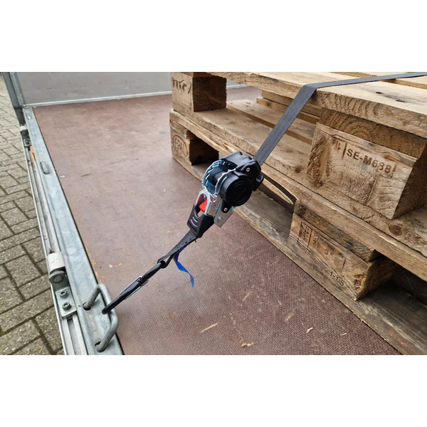 Lot de 2 sangles d'arrimage automatique - 180x2,5 cm - charge de rupture 600 kg - avec crochets en S et clips de sécurité