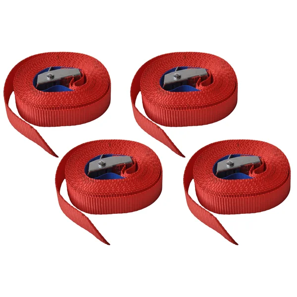 Lot de 4 sangles d'arrimage - 300x2,5 cm - rouge - charge de rupture 250 kg